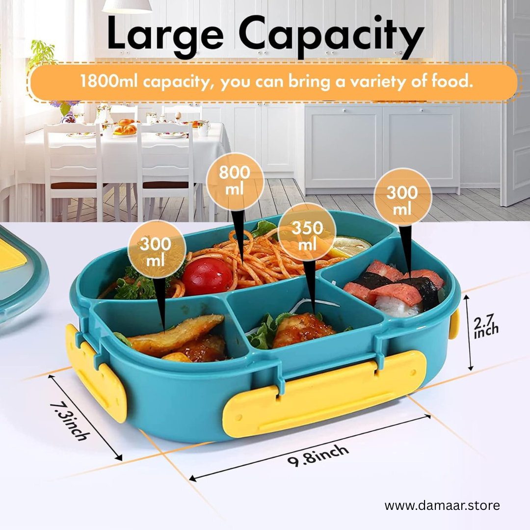 4 Compartment Lunch Box | Large Capacity 1800ML | Bento Box | Style and Design | Kids & Adult