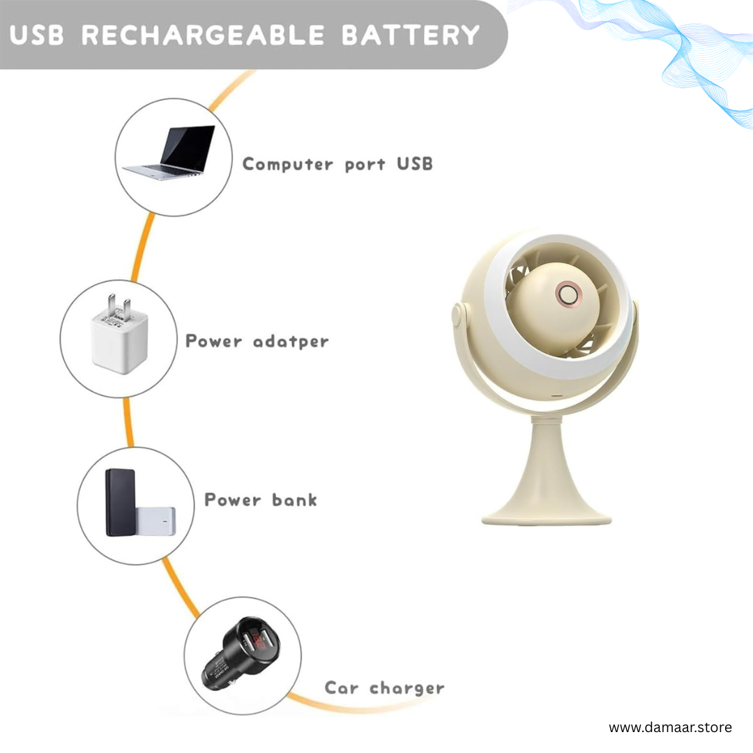 Turbomax Fan | USB Rechargeable | With Light | Three Speed Mode | Strong Wind | 360 Degree Rotate | Modern Design