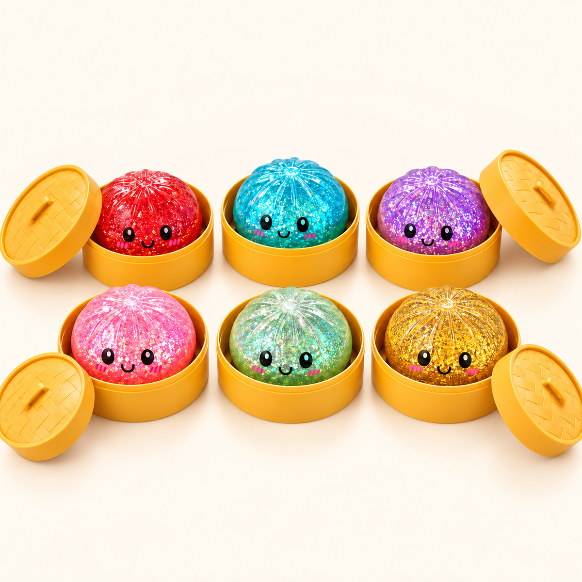 Glittery Dumpling Squishy Toy | with Steamer Basket Multicolour | Soft Squeeze Stress Relief Toy, Stretchable & Rebound