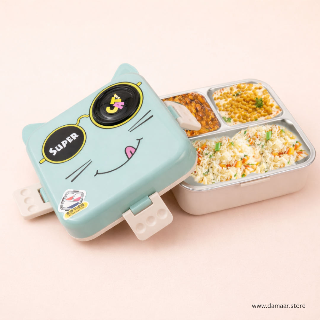 Super Cute Cat Lunch Box | FOODDICT Premium collection | Spacious 6 Compartment | Stainless Steel Tiffin | Secure Lock and Leak-proof