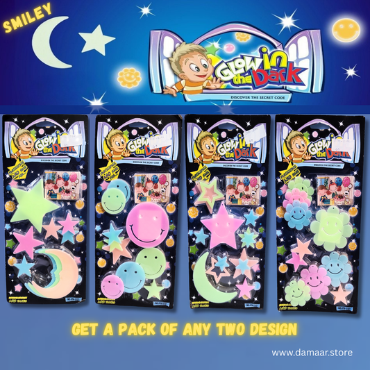 Smiley, Moon&Stars 3D Stickers | Glow In The Dark Stickers | Reusable | Decoration | Pack of 2