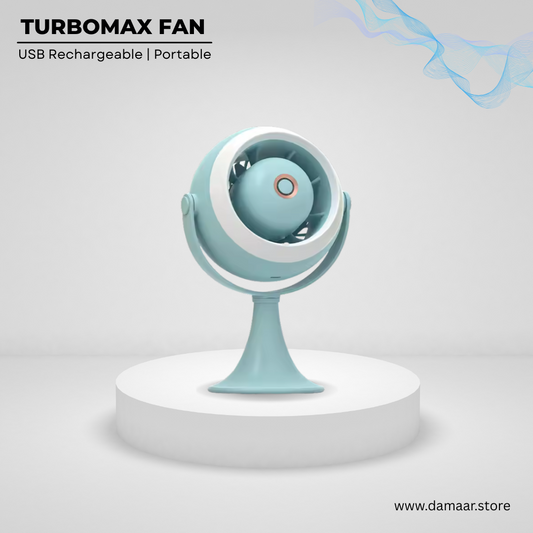Turbomax Fan | USB Rechargeable | With Light | Three Speed Mode | Strong Wind | 360 Degree Rotate | Modern Design