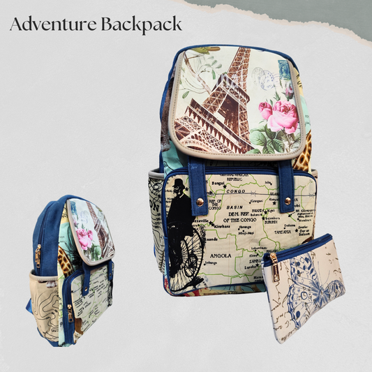 Adventure and Floral Backpack | Denim-Look Polyester Bag | With a Pencil Pouch