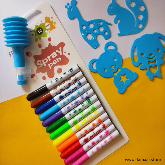 Colour Spray Pen | Artistic | Fun | Vibrant Colours | 12 Shades+Stencils+Spray Pump | for Kids