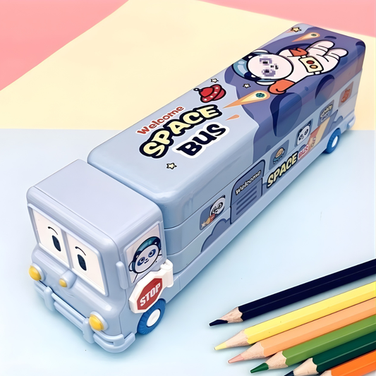 Double Decker Pencil Box | Large Triple Layer Storage | Inbuilt Sharpener | Cute Print Design | Boys and Gilrs