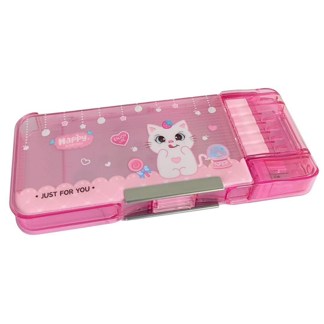 Transparent Multifunction Pencil Case | Cute Cartoon Stationery Organizer with Sharpener & Pencil Holder | Return Gift for Kids, Girls and Boys