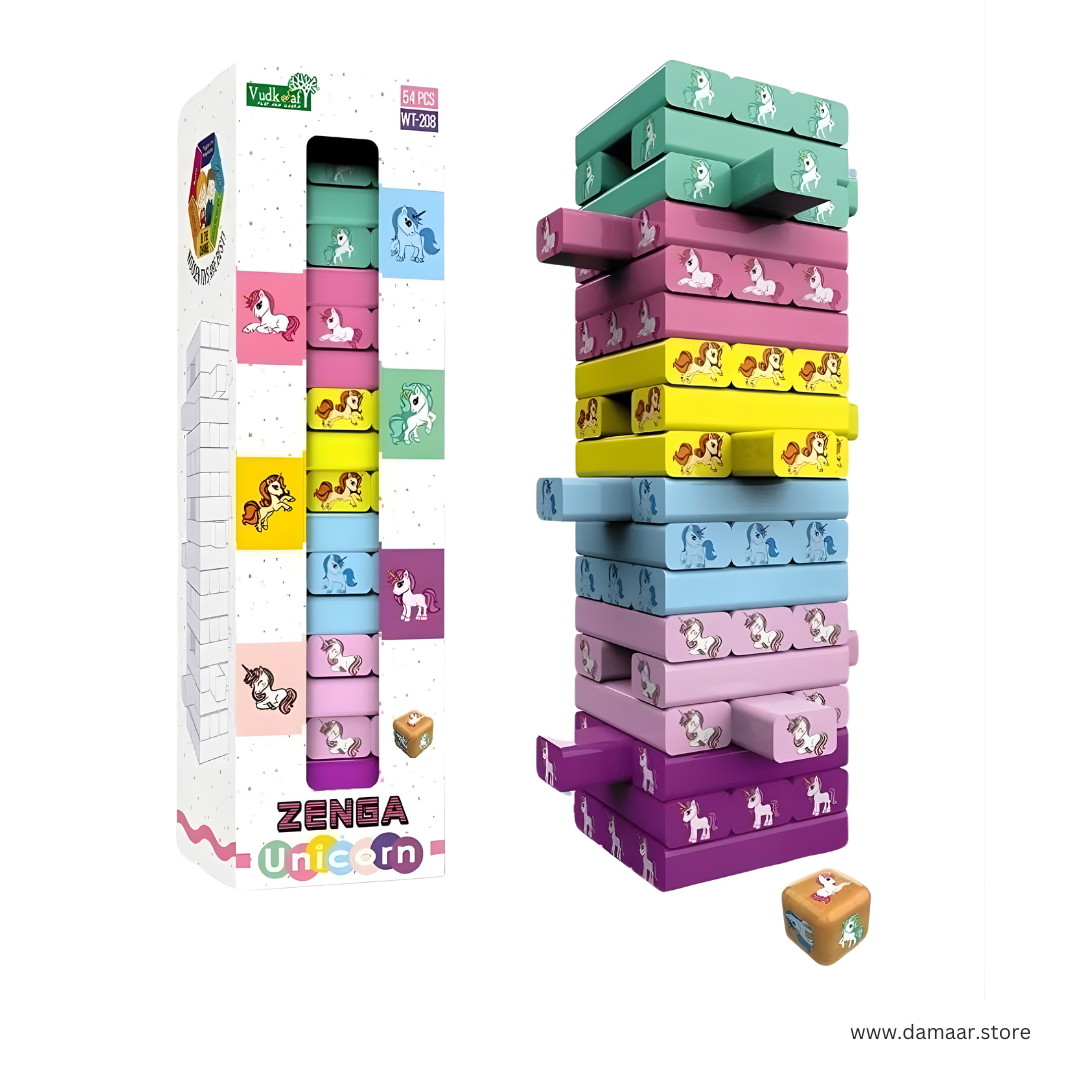 Unicorn Wooden Jenga Stacking Tower | 54 Pcs Educational Blocks | Kids Skill-Building Toy | Age 6+