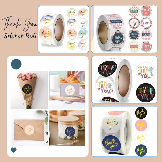 Thank You Sticker Roll | 500 Pcs in 1 Roll | Set of 2 Different Roll | Multi-Design | Decorative 