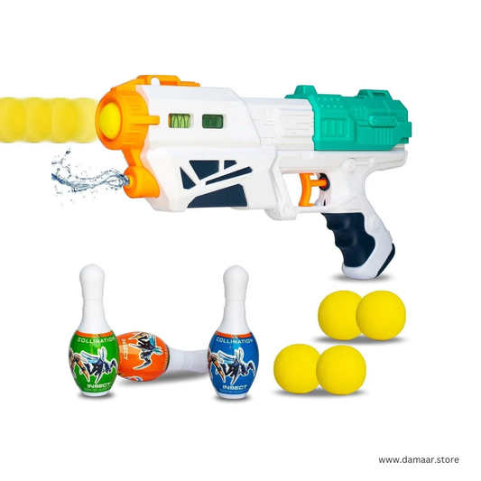 Bowling & Water Shooting Gun | 2 in 1 Magic Gun | Soft Foam Balls, Bowling Pins & Water Spray for Kids