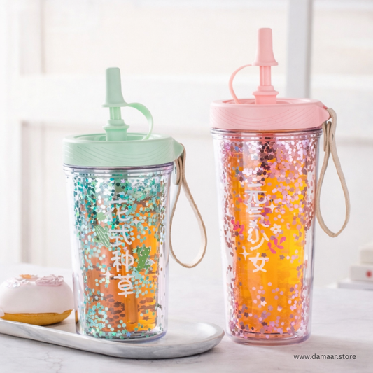 Glitter Sipper Bottle | Double Wall Heavy | 400ML Capacity | BPA Free |  Great gifts for girls, boys, kids and friends