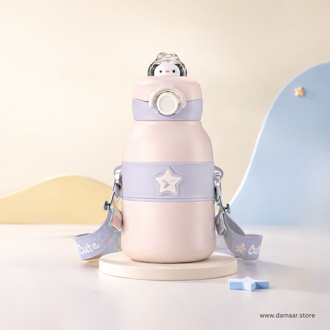 Cute Bunny Water Bottle | Stainless Steel Vacuum Bottle | Adjustable Strap | For Kids