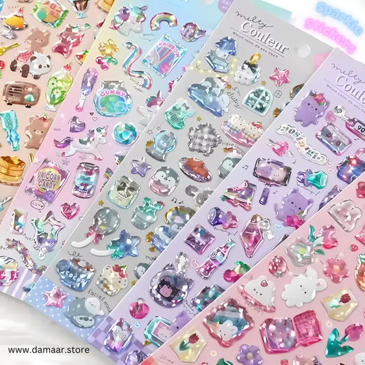 Sparkle Stickers | 6 Sheets Pack | Puffy Stickers | Variety of Style | Multi-Colour