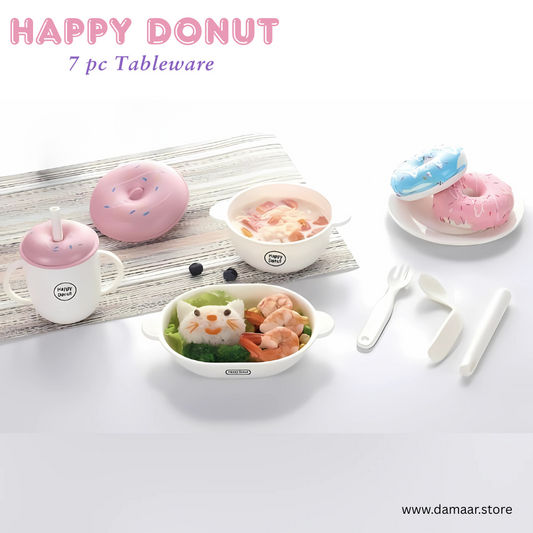 Happy Donut Tableware Set  | 7 pc Set | Everyday Use for Toddler | No More Messy with Anti Slip Suction Cup