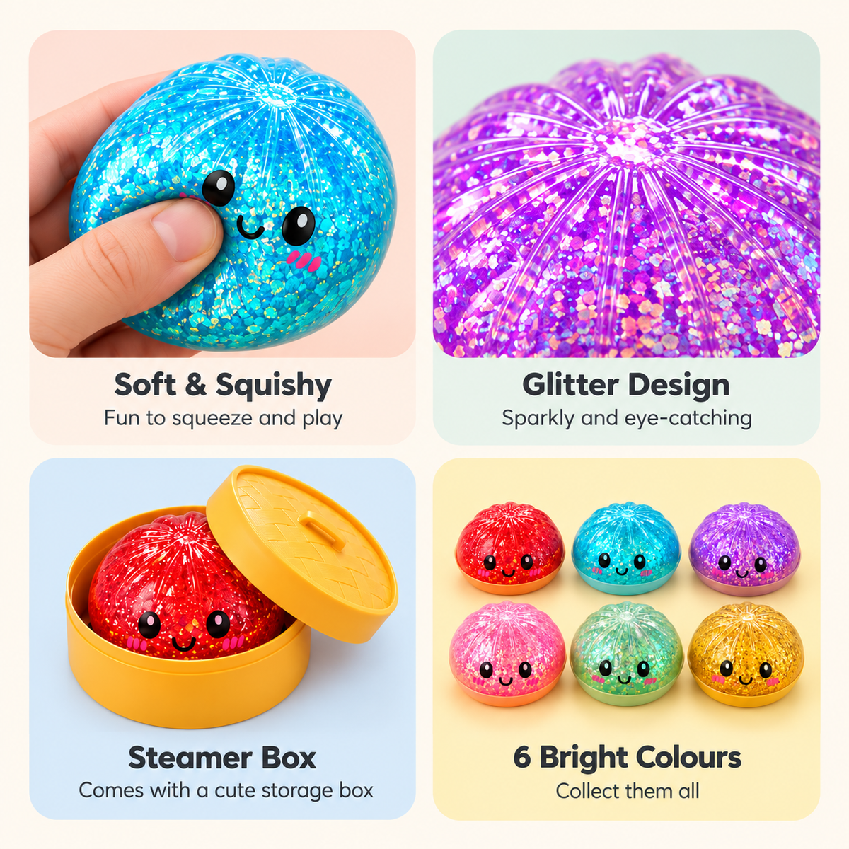 Glittery Dumpling Squishy Toy | with Steamer Basket Multicolour | Soft Squeeze Stress Relief Toy, Stretchable & Rebound