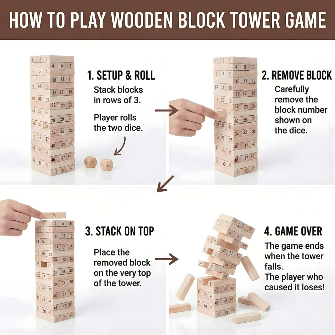 Wooden Tumbling Tower | 54 Pcs Educational Blocks | Kids Skill-Building Toy | Kids Age 6+