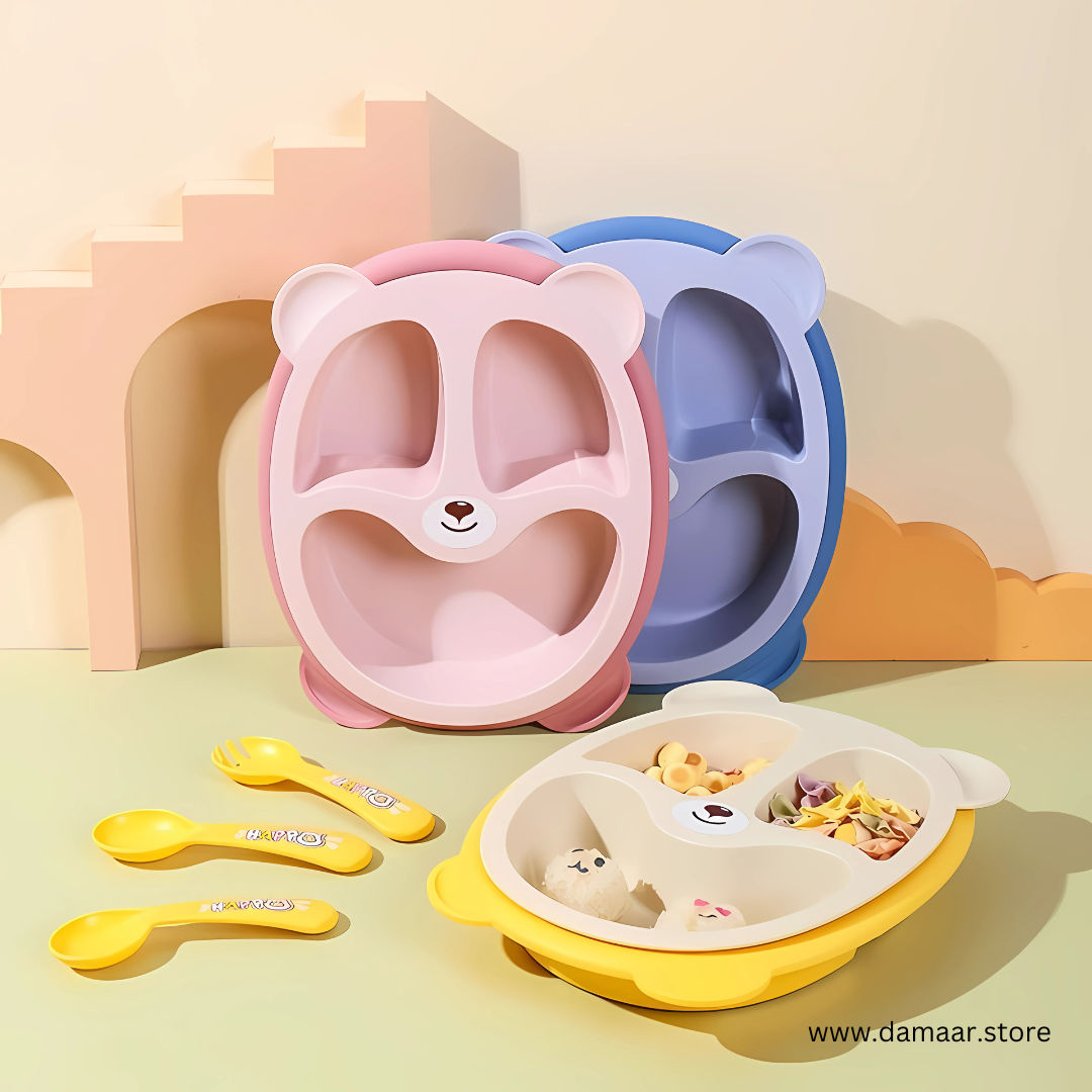 Popo Bear Kids Plate | Bamboo Fiber Material | Anti-bacterial & Safe | Random Colour