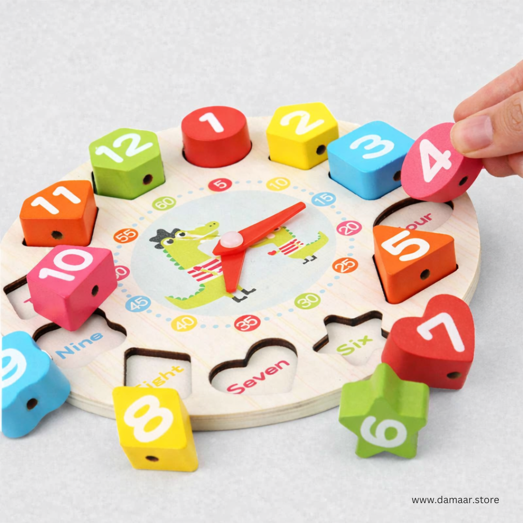 Wooden Learning Clock | Educational | Learn Clock Easier | Kids | 12 Pieces Multi Colour Shapes