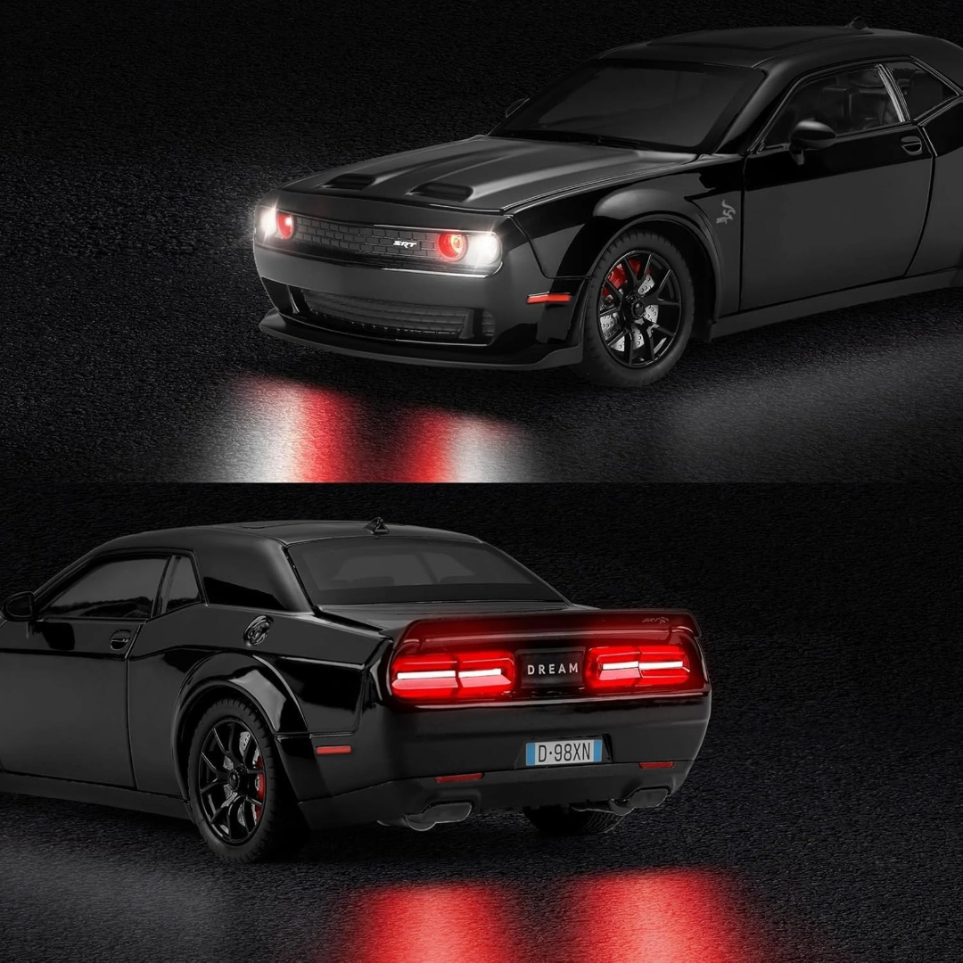 Dodge Challenger Car | 1:24 Large Size | Premium and Rich Look | Die Cast Metal Pull Back | Lights and Music