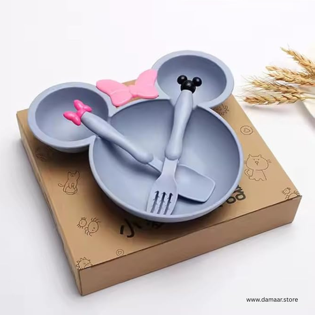 Micky Plate with Bowl | With Cutlery Set | Bamboo Fiber | Easy to Clean | Smooth and Soft Edges | for Kids