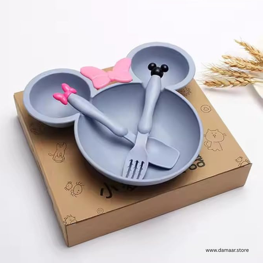 Micky Plate with Bowl | With Cutlery Set | Bamboo Fiber | Easy to Clean | Smooth and Soft Edges | for Kids