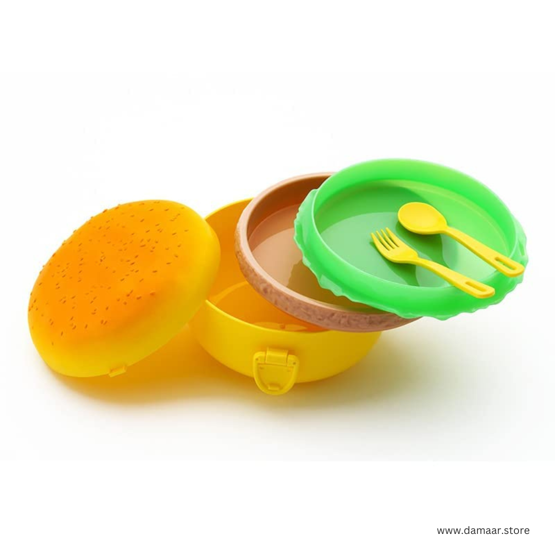Burger Shape Lunch Box | 1000ML Large Capacity | Durable and Safe | Includes Cutlery | 3 layers Storage