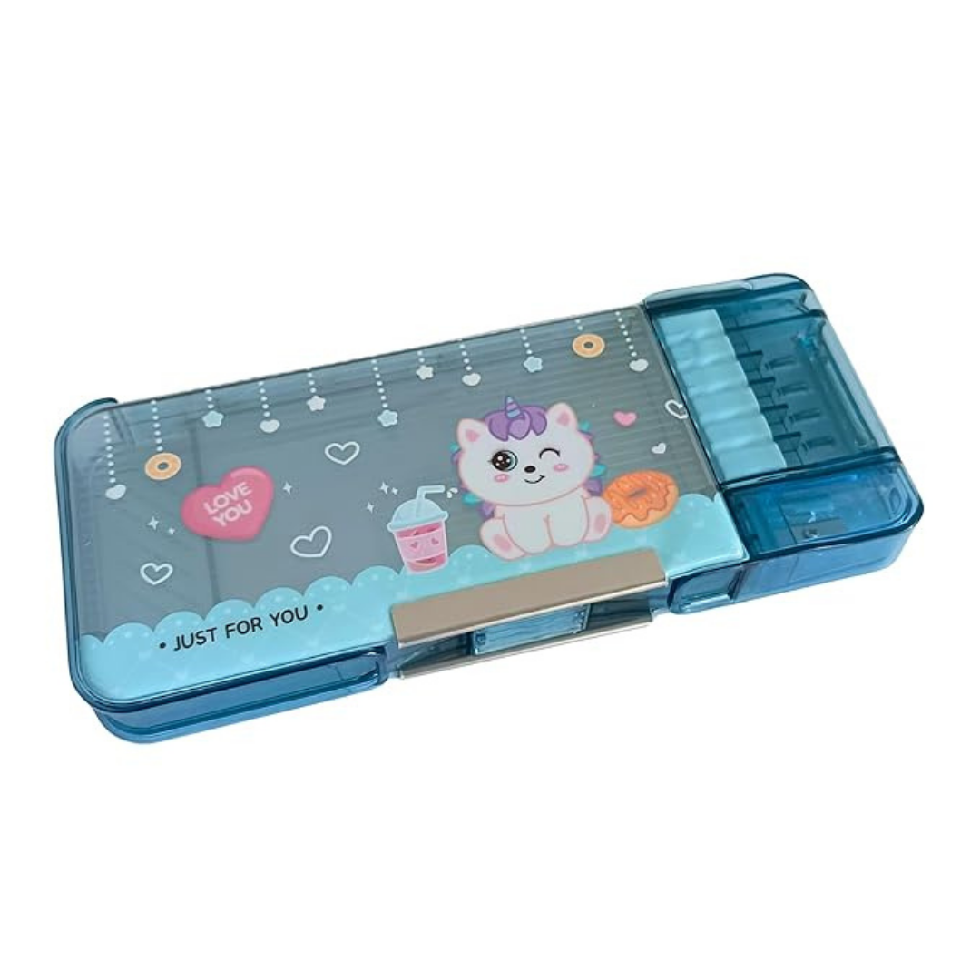 Transparent Multifunction Pencil Case | Cute Cartoon Stationery Organizer with Sharpener & Pencil Holder | Return Gift for Kids, Girls and Boys