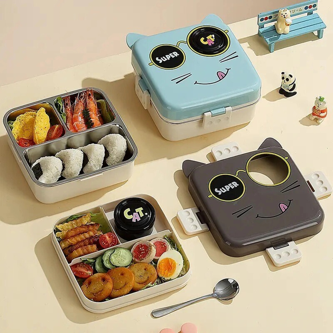Super Cute Cat Lunch Box | FOODDICT Premium collection | Spacious 6 Compartment | Stainless Steel Tiffin | Secure Lock and Leak-proof