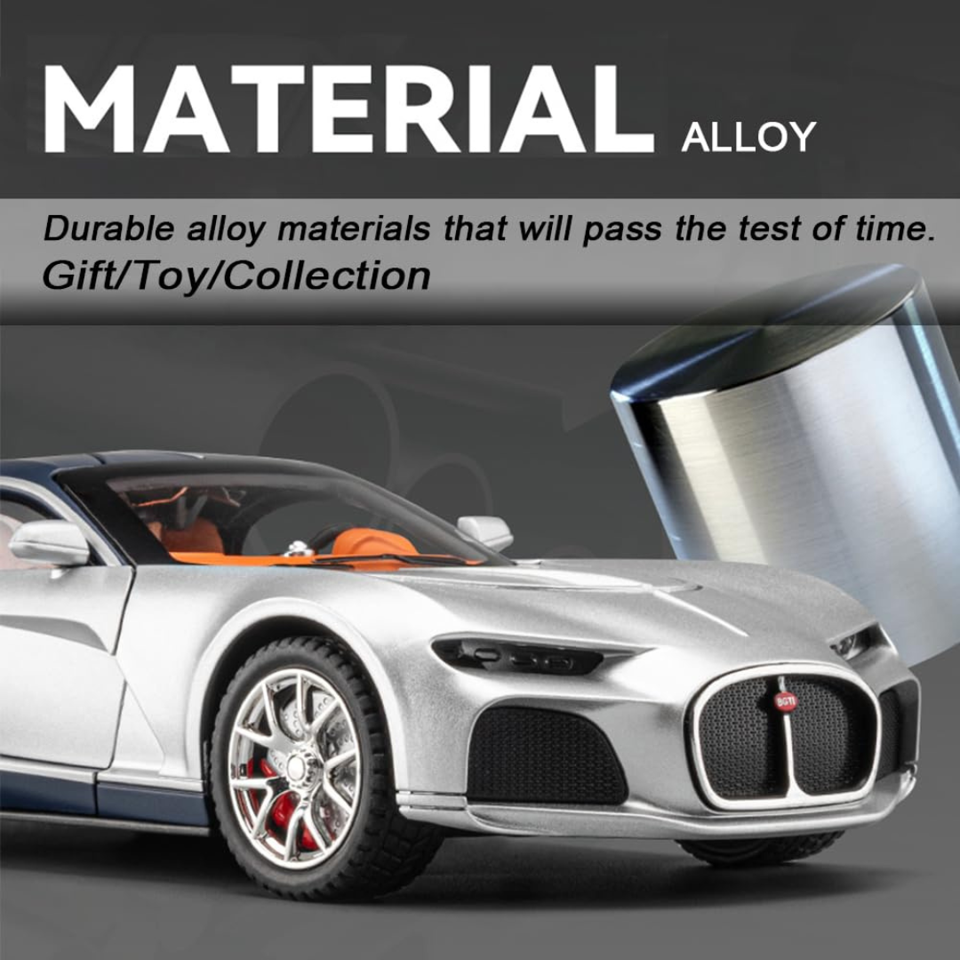Bugatti Atlantic Super Car | 1:24 Large Size | Die Cast Metal Pull Back | Openable Doors | Lights and Music | Premium and Rich Look