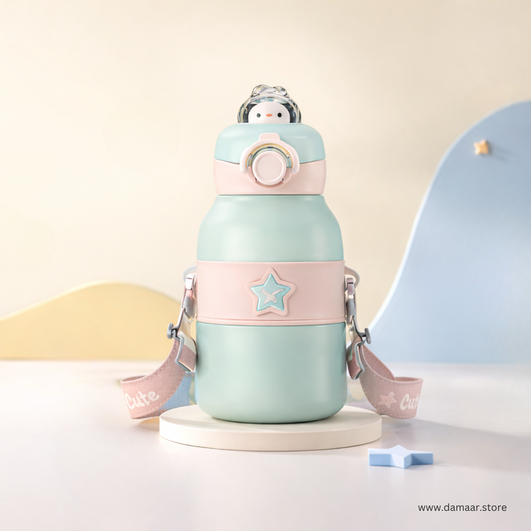 Cute Bunny Water Bottle | Stainless Steel Vacuum Bottle | Adjustable Strap | For Kids