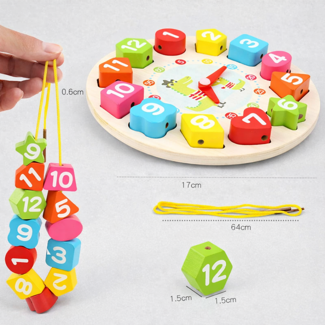 Wooden Learning Clock | Educational | Learn Clock Easier | Kids | 12 Pieces Multi Colour Shapes