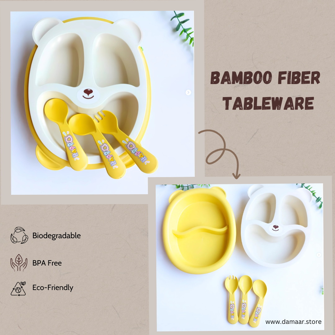 Popo Bear Kids Plate | Bamboo Fiber Material | Anti-bacterial & Safe | Random Colour