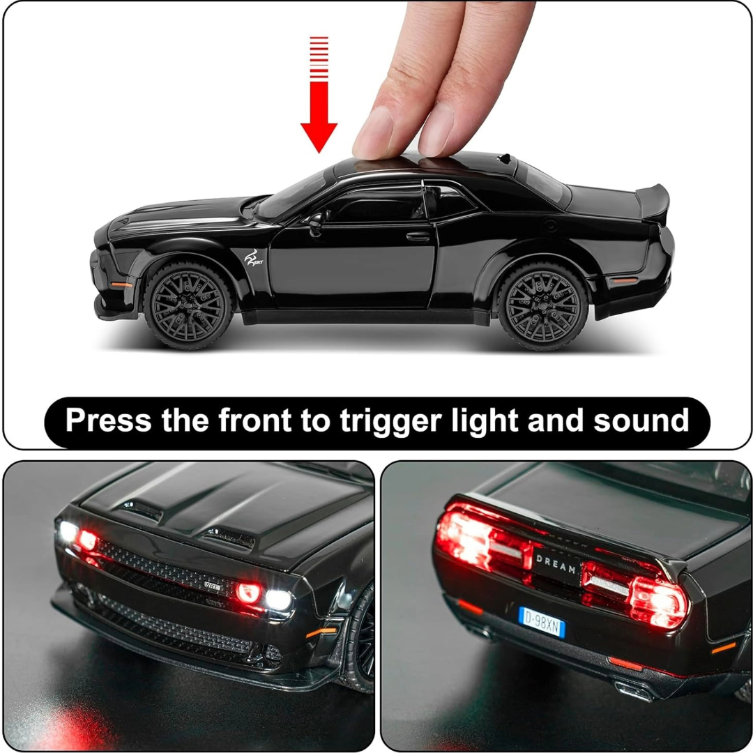 Dodge Challenger Car | 1:24 Large Size | Premium and Rich Look | Die Cast Metal Pull Back | Lights and Music
