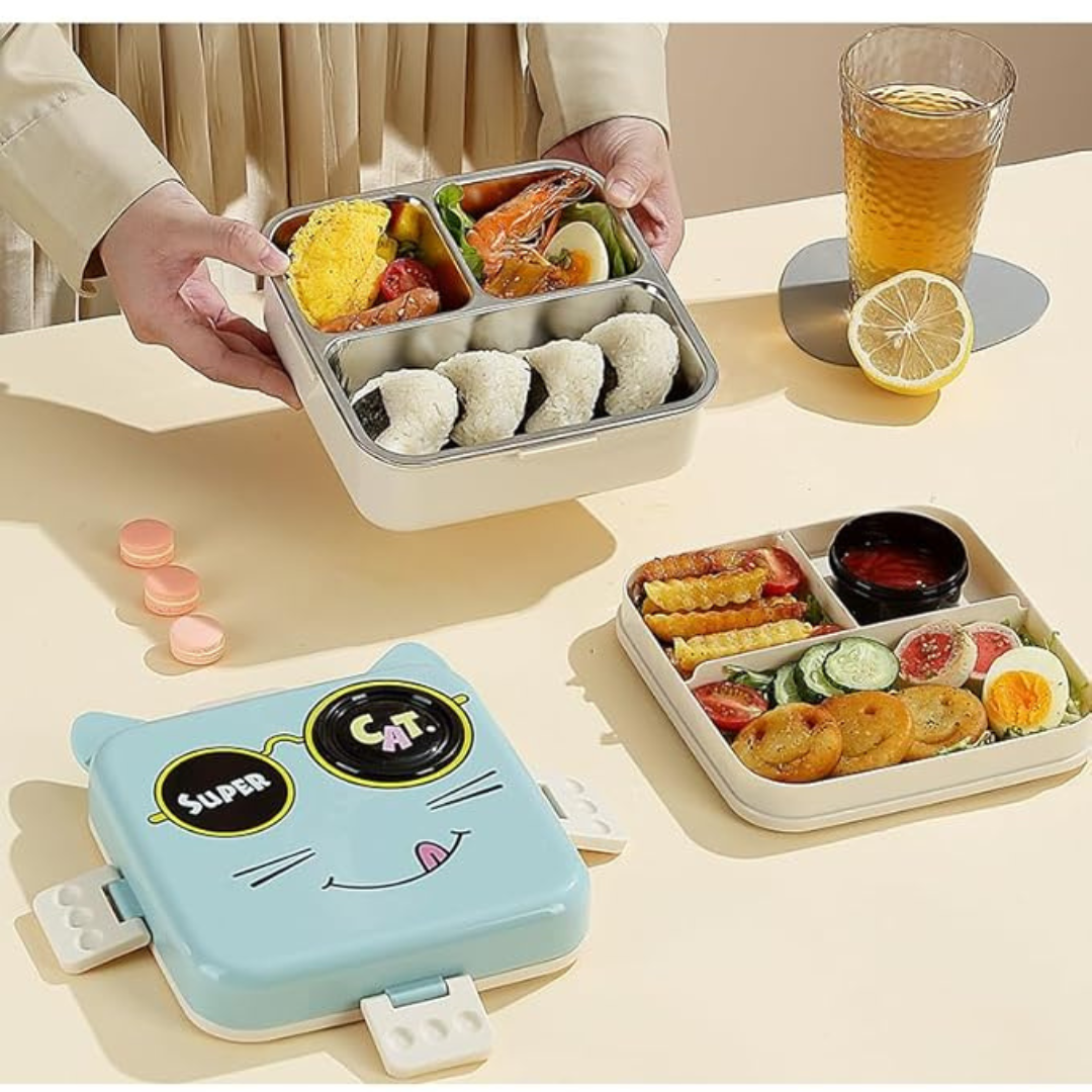 Super Cute Cat Lunch Box | FOODDICT Premium collection | Spacious 6 Compartment | Stainless Steel Tiffin | Secure Lock and Leak-proof
