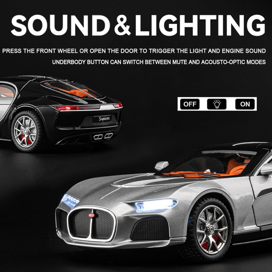 Bugatti Atlantic Super Car | 1:24 Large Size | Die Cast Metal Pull Back | Openable Doors | Lights and Music | Premium and Rich Look