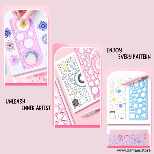 Doodle Buddy Drawing Ruler Set | Doodle Ruler | Variety of Design | 7+1 Set | 10 in 1 Colour Pen | Colourful