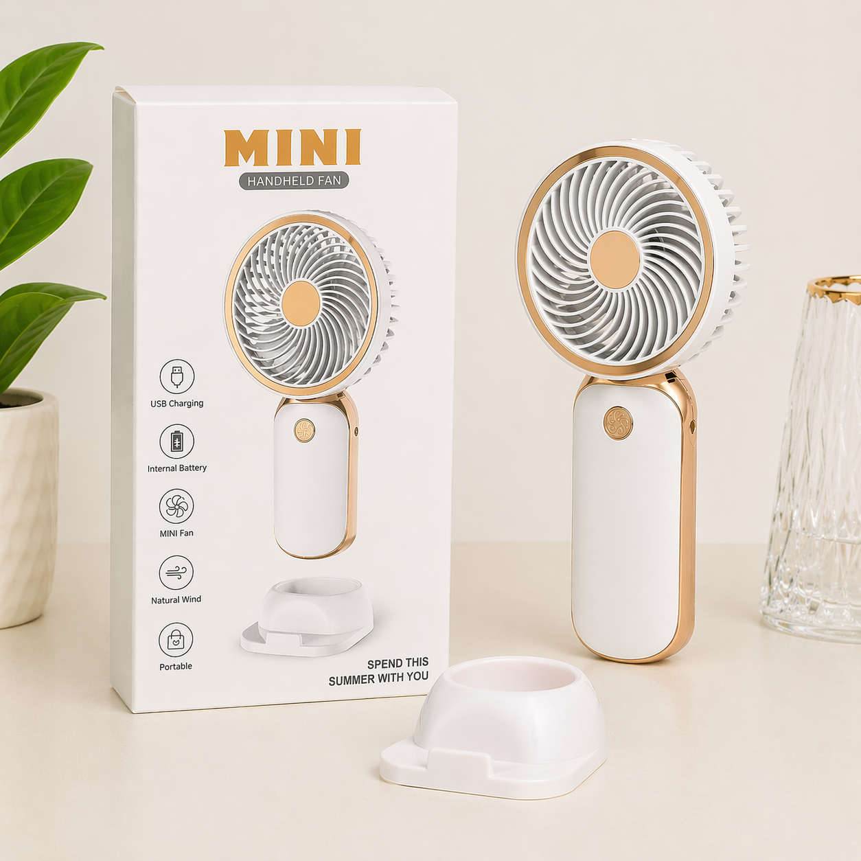 Mini Handheld Fan | 2-in-1 Use - Handheld & Table Fan | USB Rechargeable | Desk & Travel Cooling Fan | Quiet & Compact