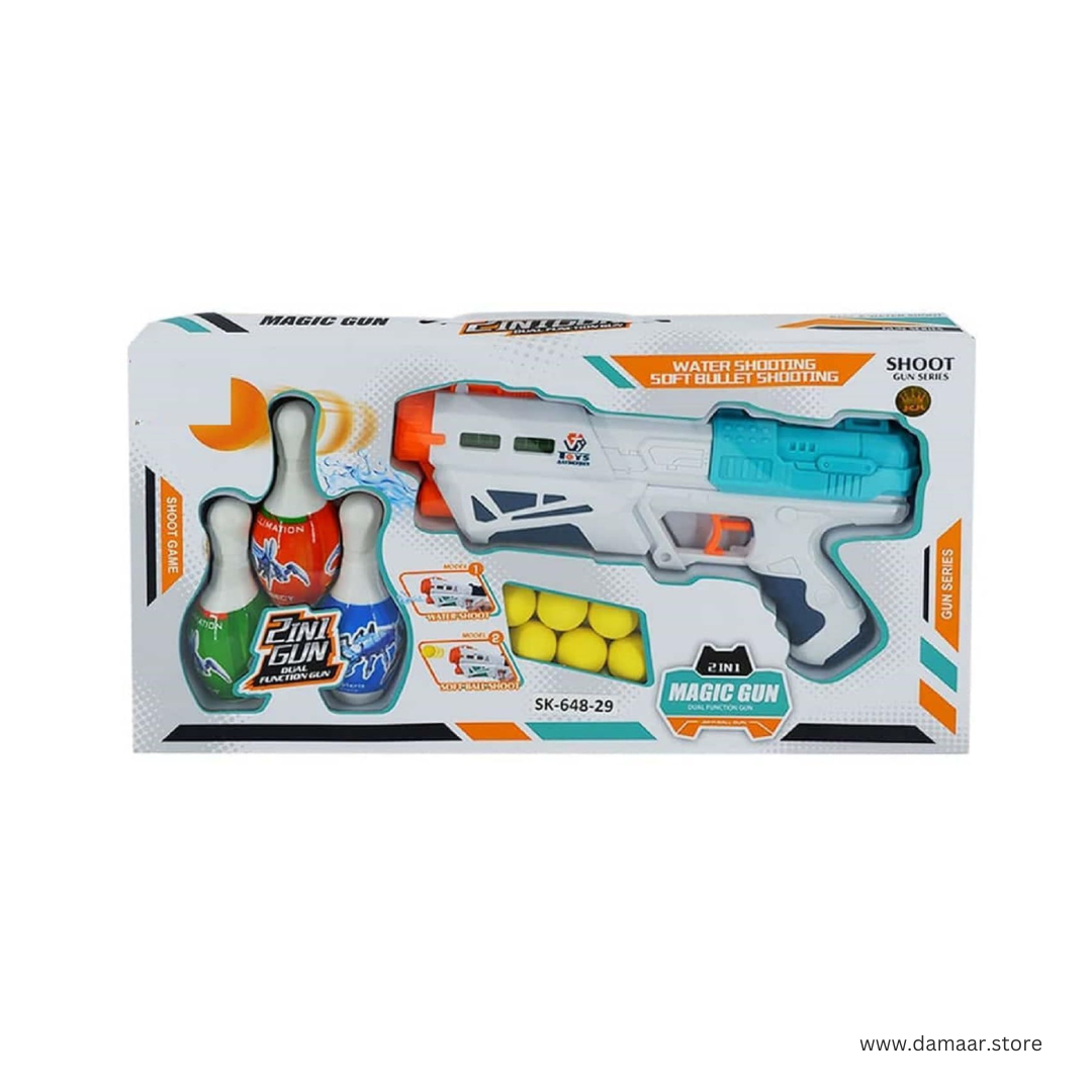 Bowling & Water Shooting Gun | 2 in 1 Magic Gun | Soft Foam Balls, Bowling Pins & Water Spray for Kids