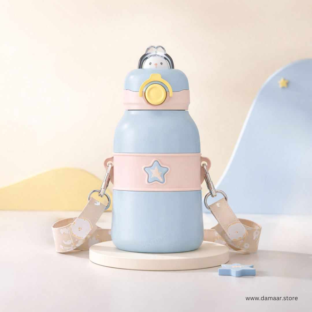 Cute Bunny Water Bottle | Stainless Steel Vacuum Bottle | Adjustable Strap | For Kids