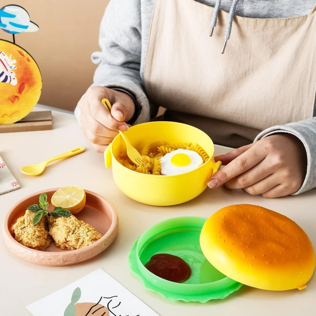 Burger Shape Lunch Box | 1000ML Large Capacity | Durable and Safe | Includes Cutlery | 3 layers Storage