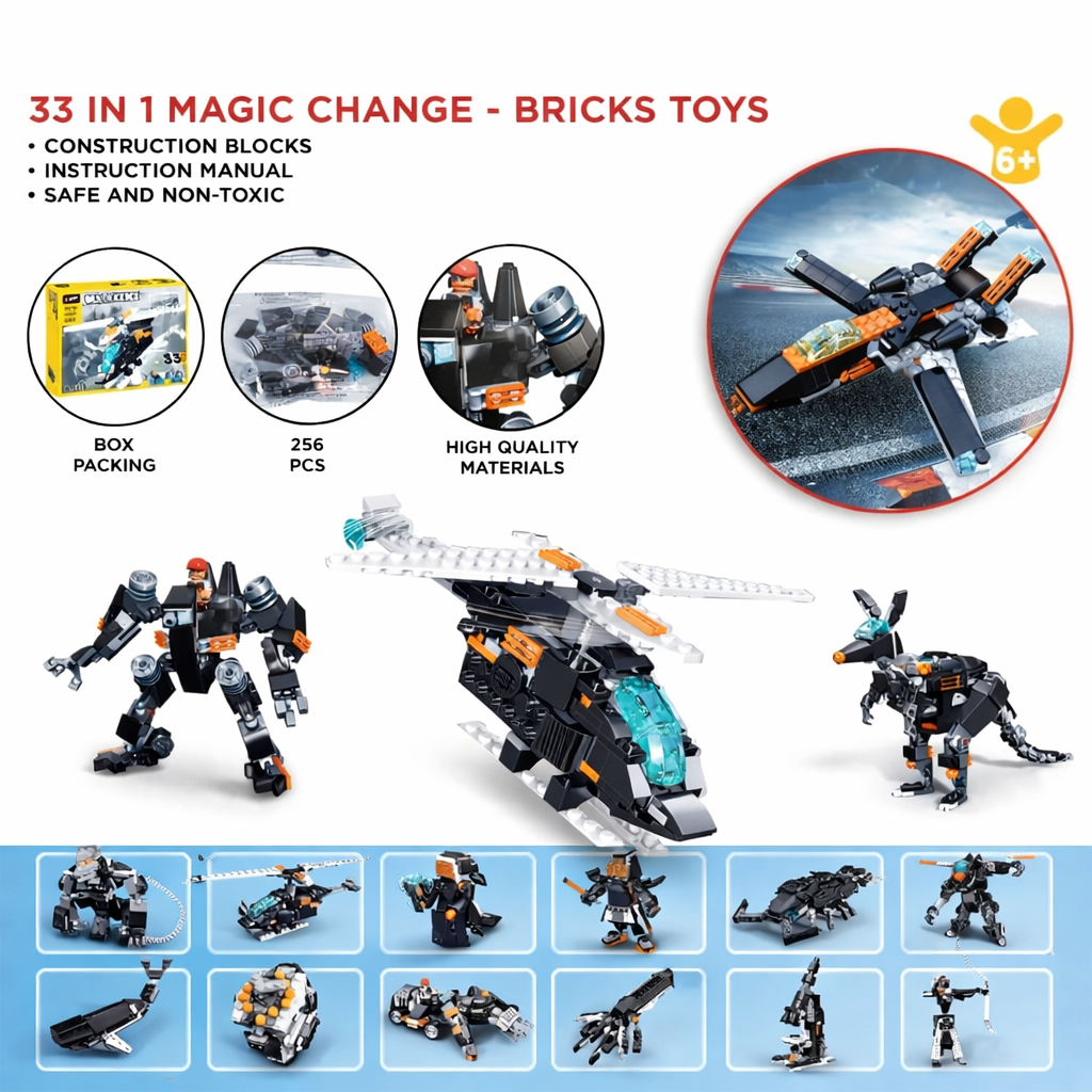 Helicopter Robot | Build 33 Unique Vehicles | Multificence, Lego Blocks | For Kids Aged above 6 Years | Gift Set