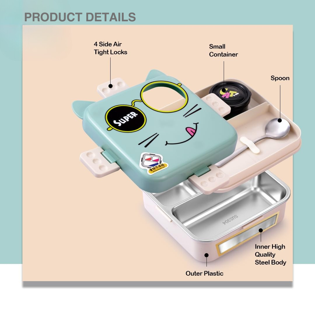 Super Cute Cat Lunch Box | FOODDICT Premium collection | Spacious 6 Compartment | Stainless Steel Tiffin | Secure Lock and Leak-proof