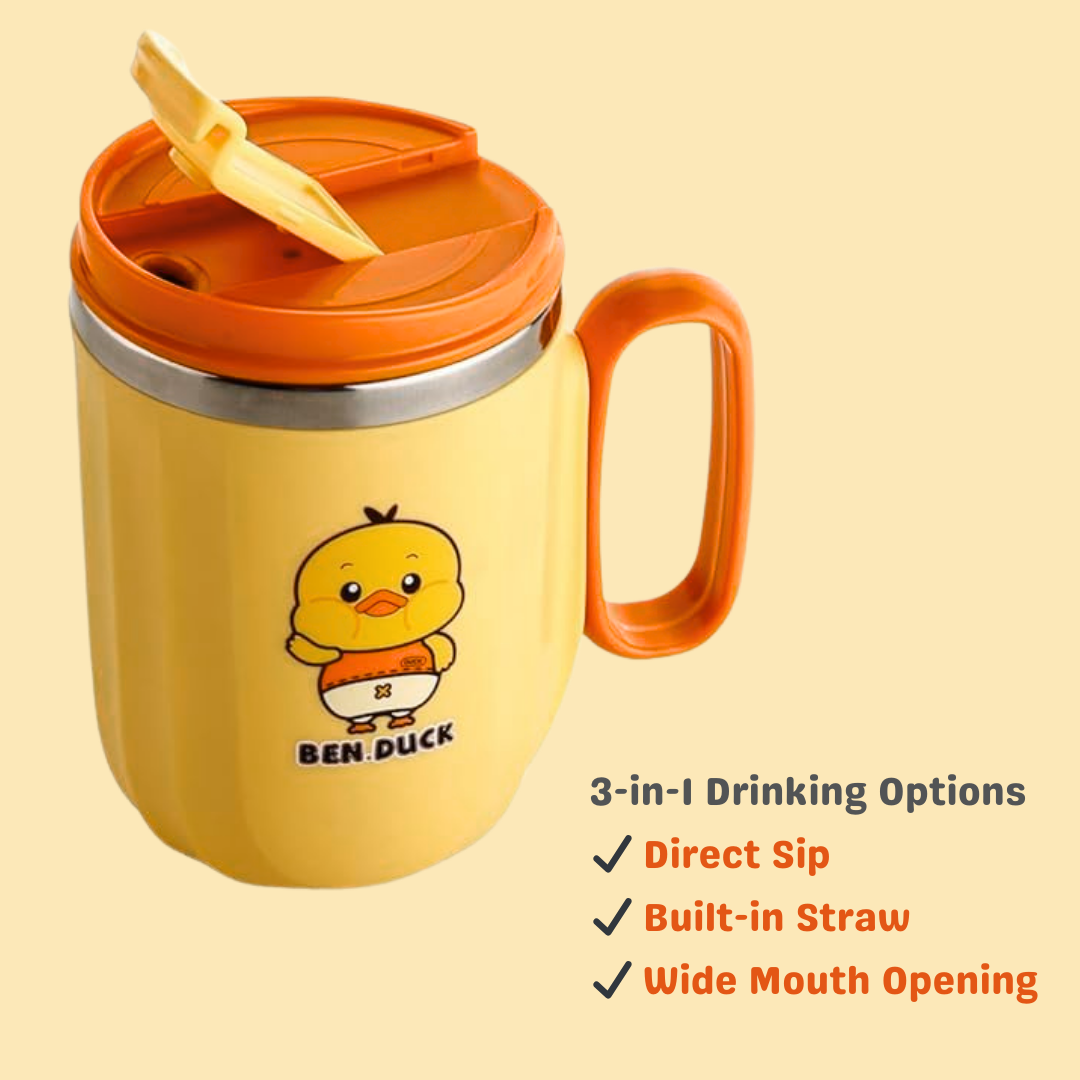 Ben Duck Mug | Cute Design | 400 ML Capacity | Hot or Cold | Stainless Steel Mug | for Kids