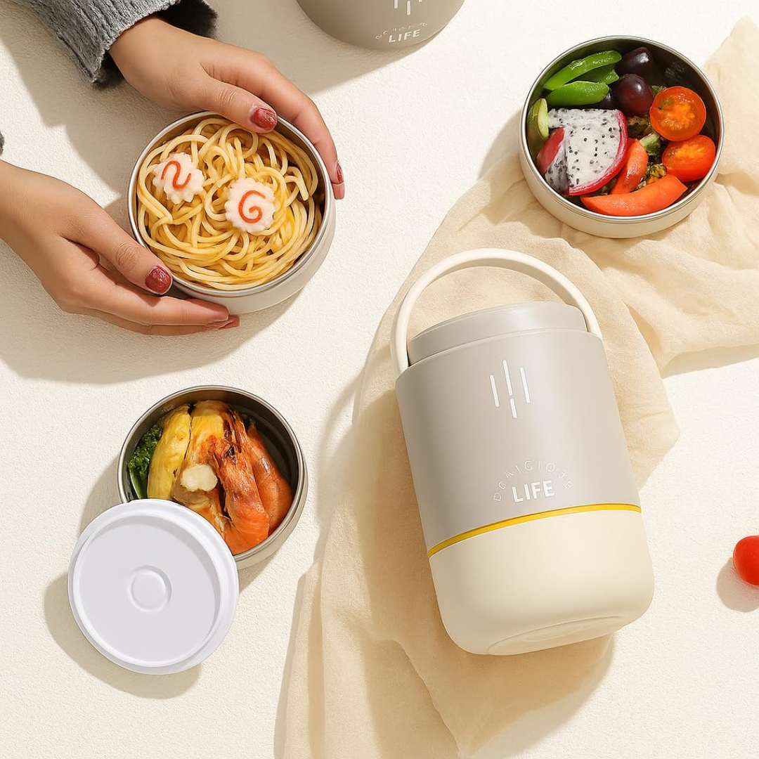 Yummy Buddy Lunch Box | 900ML Large Capacity | Stainless Steel Durable and Safe | Includes Cutlery | 3 layers Storage