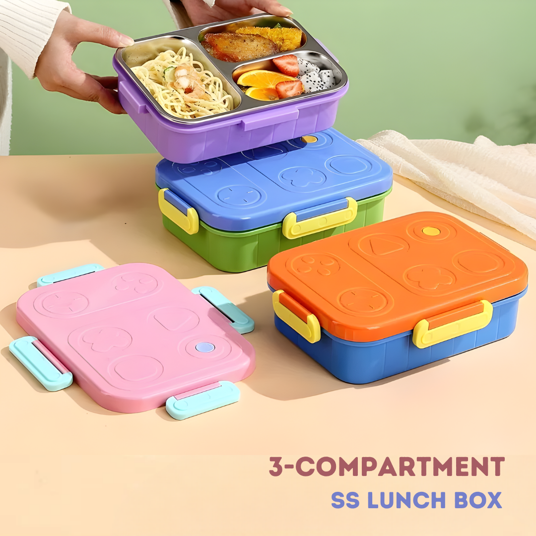 Tic Tac Toe Lunch Box | Available in 2 & 3 Compartment | Stainless Steel Tiffin | Secure Lock and Leak-proof
