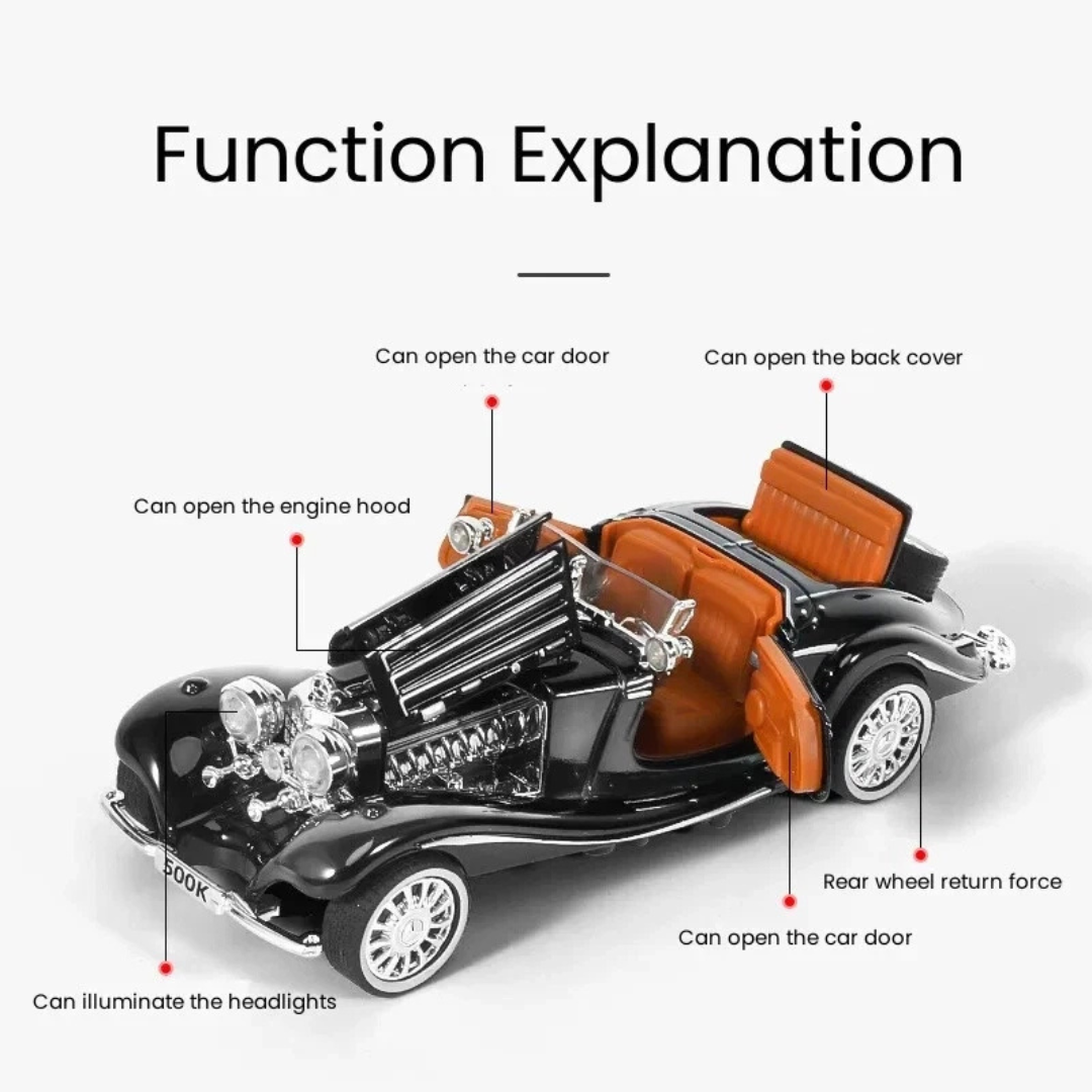 Mercedes Benz 500k Vintage | 1:24 Large Size | Die Cast Metal Pull Back | Openable Doors | Lights and Music