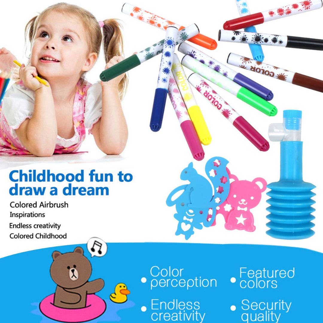 Colour Spray Pen | Artistic | Fun | Vibrant Colours | 12 Shades+Stencils+Spray Pump | for Kids