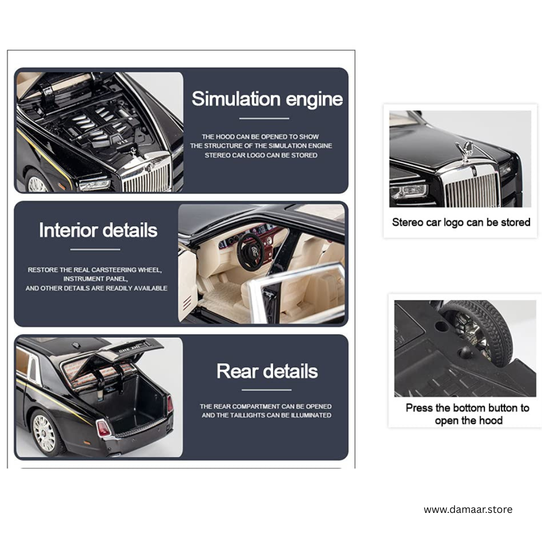 Rolls Royce Phanthom | 1:24 Large Size | Die Cast Metal Pull Back | Openable Doors | Lights and Music