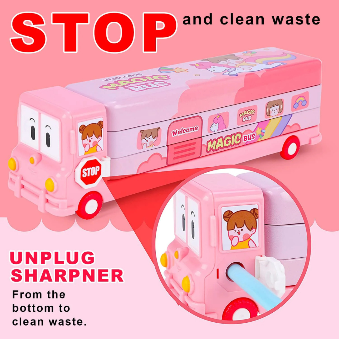 Double Decker Pencil Box | Large Triple Layer Storage | Inbuilt Sharpener | Cute Print Design | Boys and Gilrs