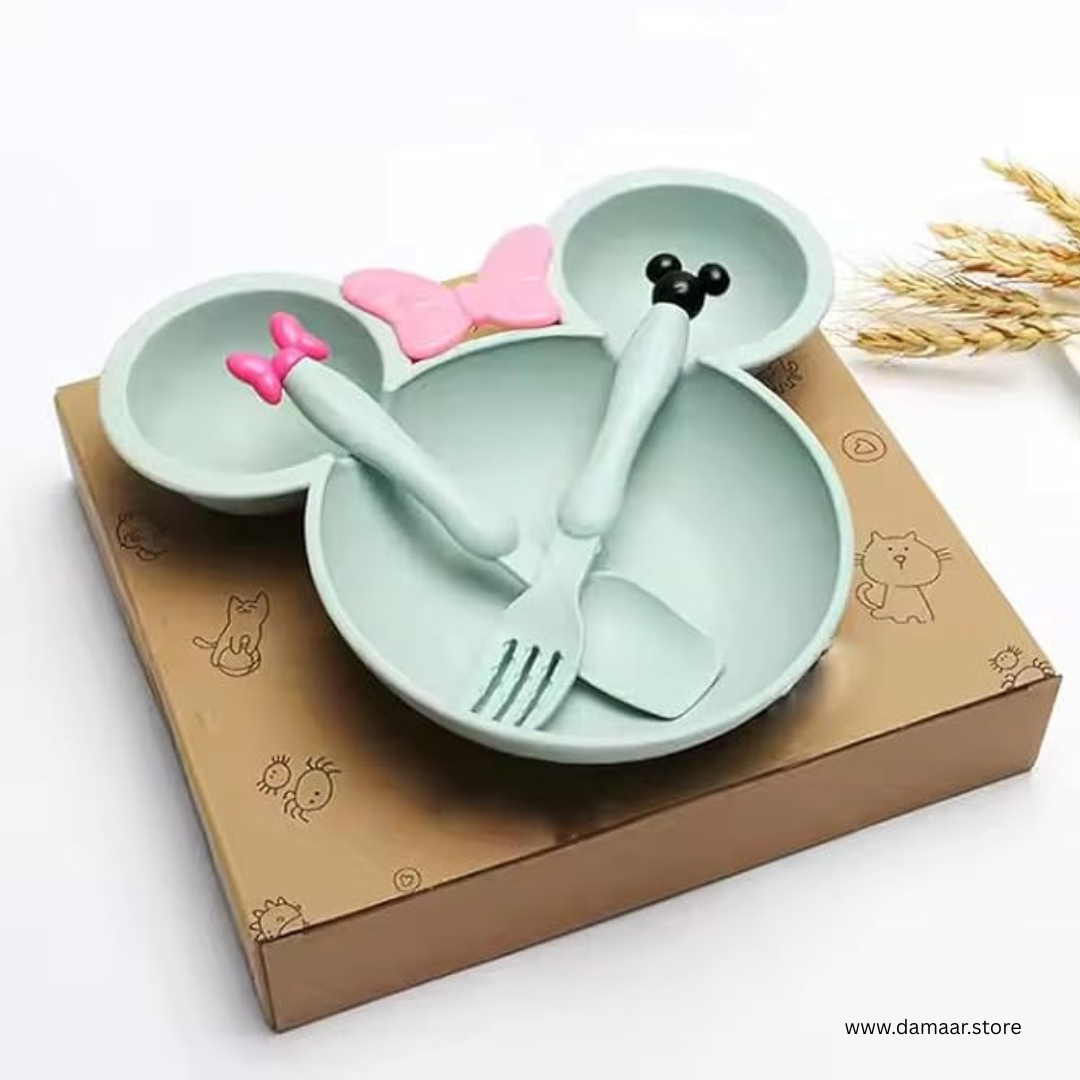 Micky Plate with Bowl | With Cutlery Set | Bamboo Fiber | Easy to Clean | Smooth and Soft Edges | for Kids