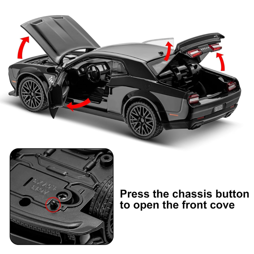 Dodge Challenger Car | 1:24 Large Size | Premium and Rich Look | Die Cast Metal Pull Back | Lights and Music